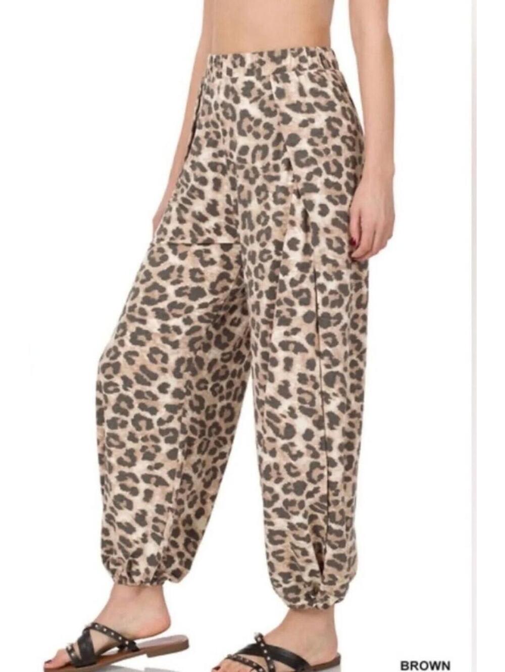 Zenana Brown Leopard Print Harem Pants 2X Boho Wide Leg Slit Pants Plus Size - Picture 3 of 7